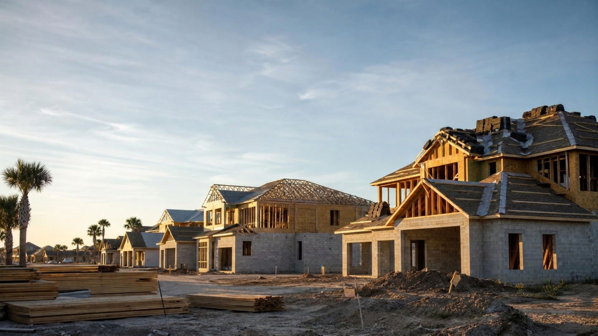Foto a la hora dorada de casas nuevas en construcción en Florida con muros de bloque de concreto en la primera planta, estructura de madera arriba y palmeras — representa la desaceleración de permisos de construcción en Florida 2026 para inversionistas.