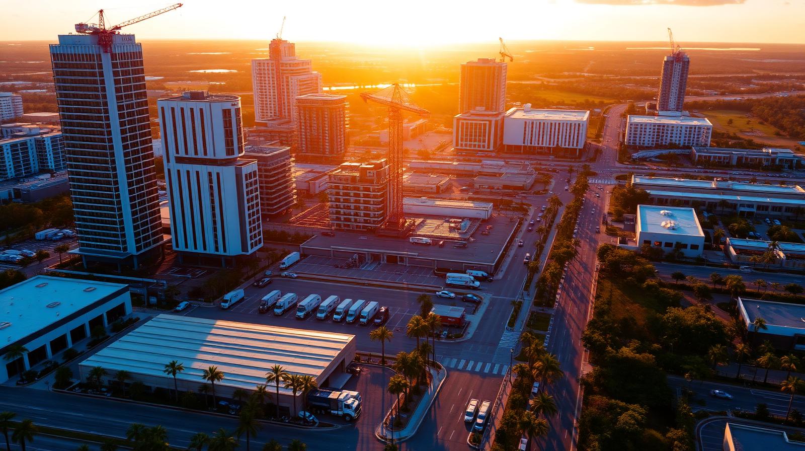 Orlando, Florida commercial real estate development in 2026 with new office buildings, construction cranes, and mixed-use projects at golden hour