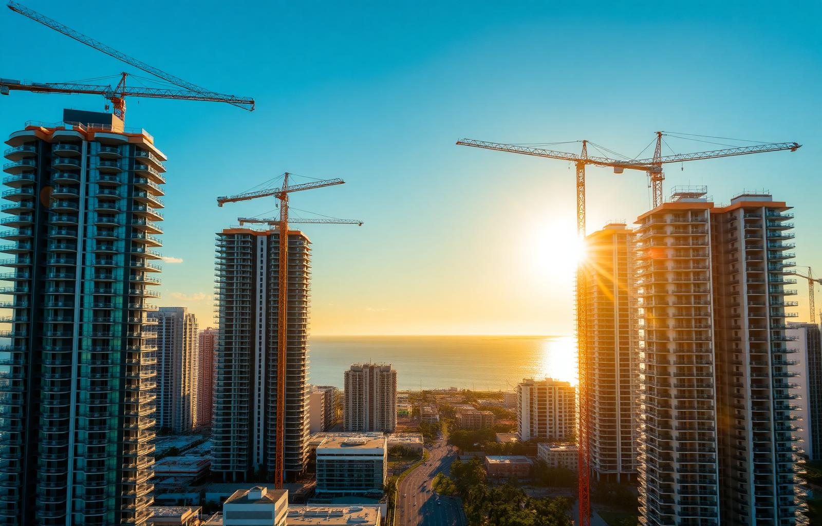 Préstamo de Construcción en Florida financiando desarrollo de casas y condominios nuevos de lujo en Miami al atardecer