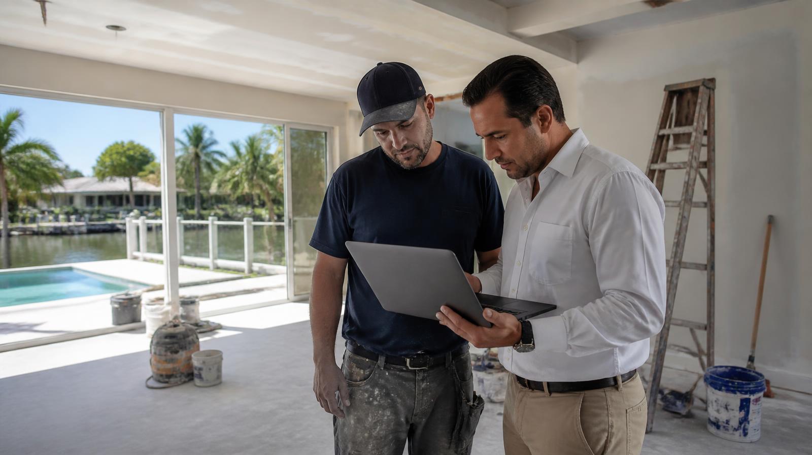 Real estate investor reviewing a renovation budget and appraisal comparables on a clipboard inside a partially remodeled Florida home in natural afternoon light.