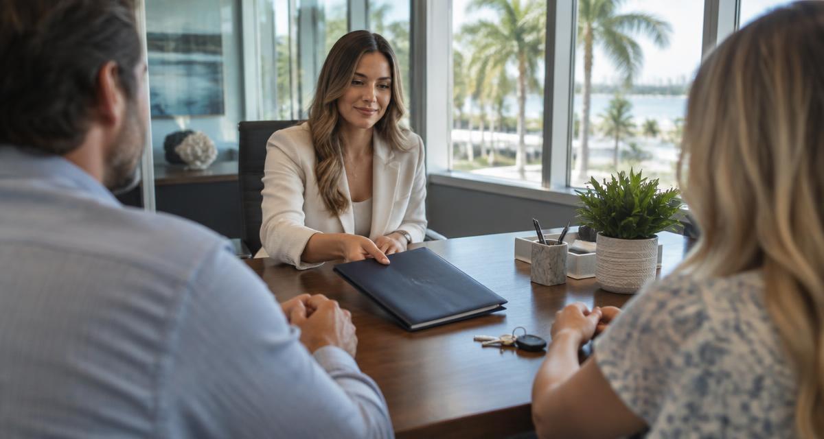 Title company closing agent sliding a navy title insurance folder across a conference table toward homebuyers with keys on the table, palm trees outside