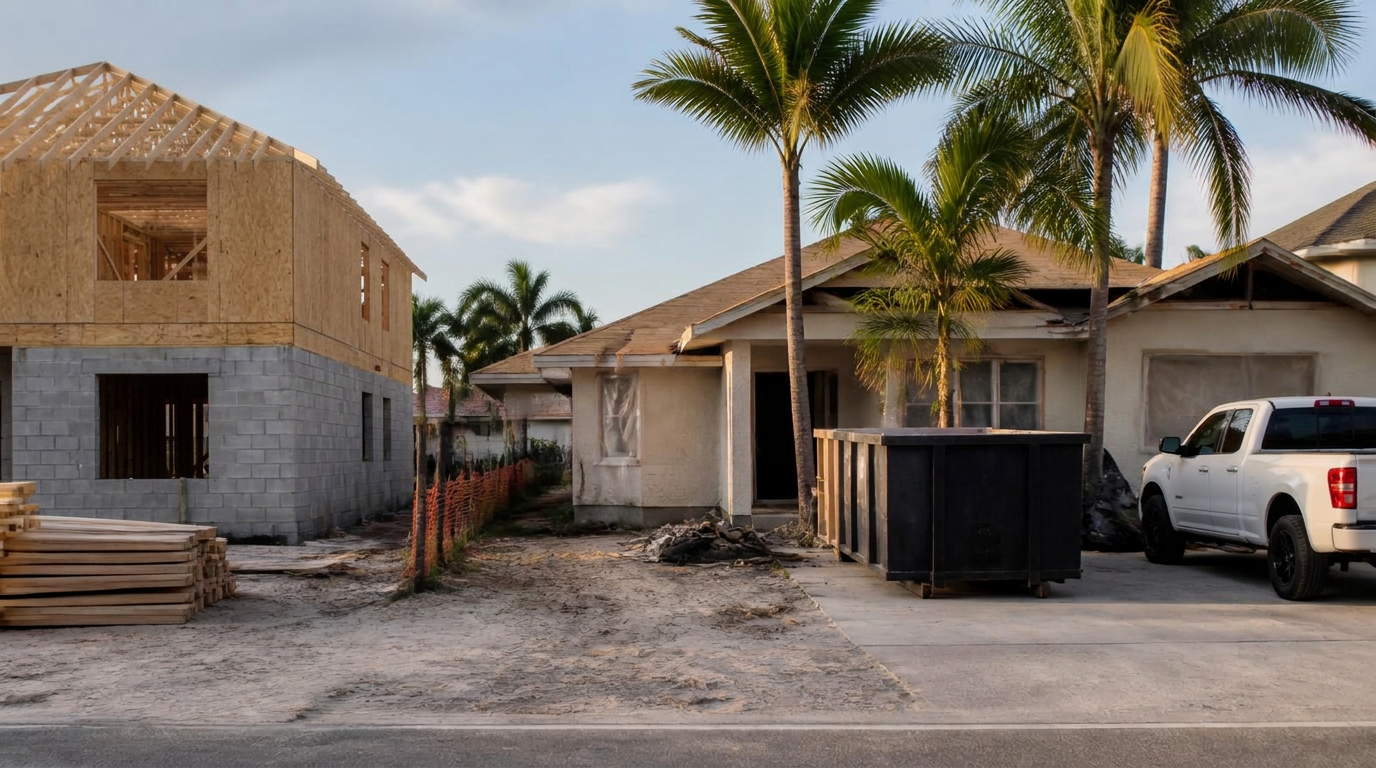 Ground-up construction vs. heavy rehab financing in Florida: a newly framed two-story home beside an existing stucco house mid gut renovation with a dumpster in the driveway.