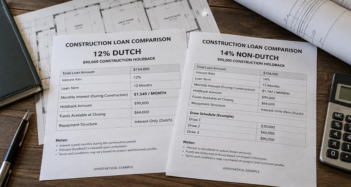 Construction loan documents comparing 12% Dutch and 14% non Dutch interest figures beside Florida building plans