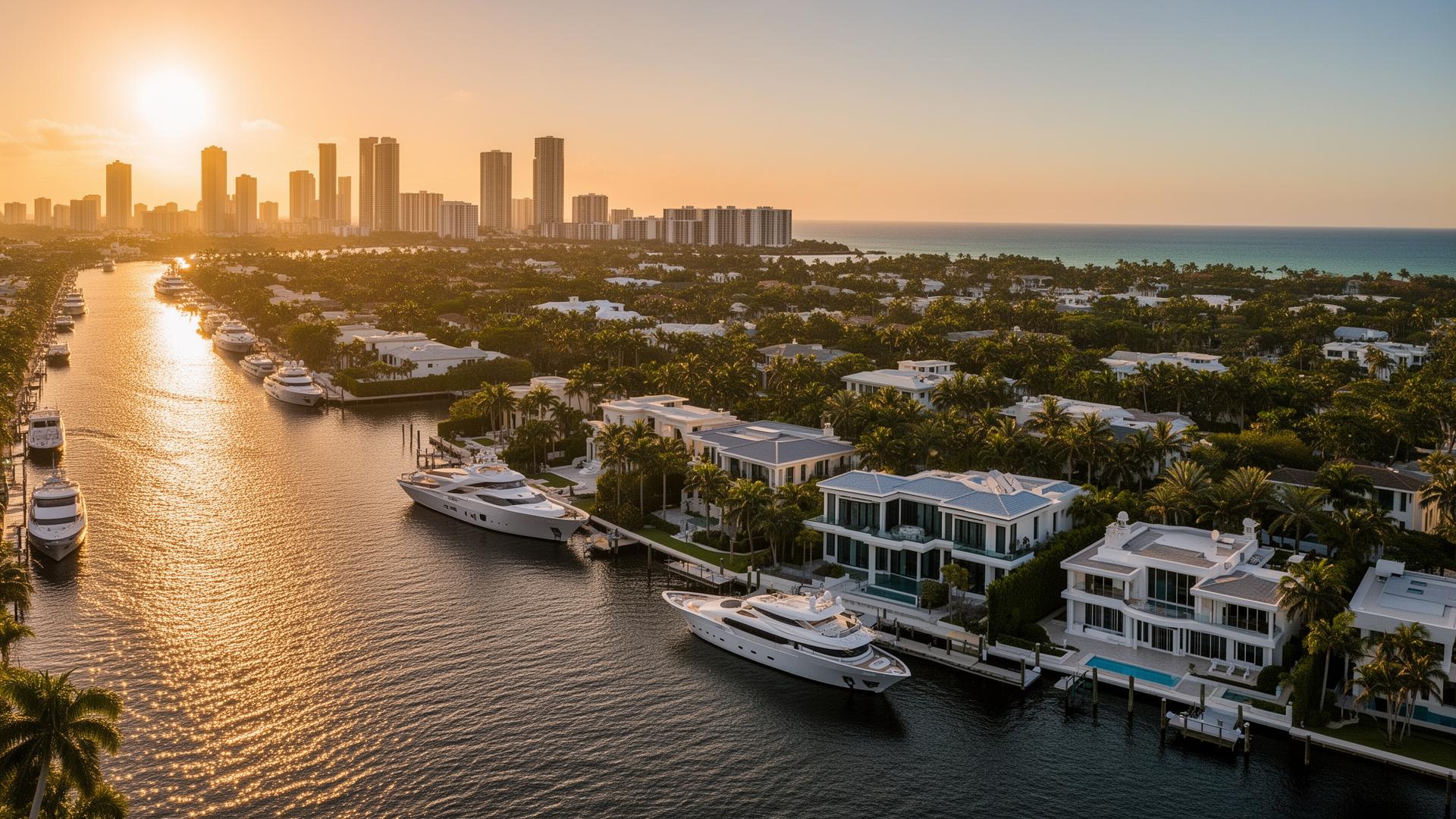 Mercado de bienes raíces de lujo en Fort Lauderdale en 2026 — vista aérea de mansiones frente al agua, mega-yates en el Intracoastal y el skyline del centro de Fort Lauderdale al atardecer