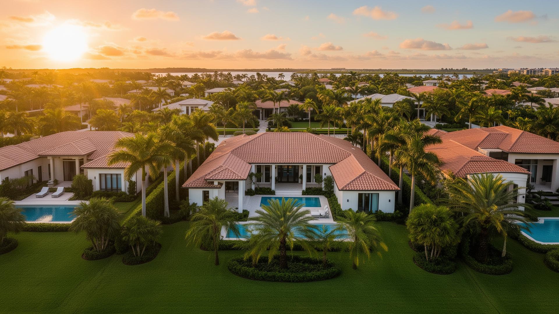 Vista aérea de un vecindario residencial de lujo en Florida al atardecer