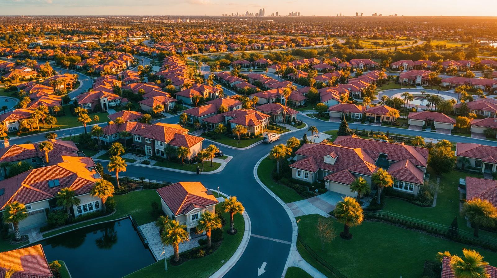 Aerial golden-hour view of a Central Florida suburban community with terracotta-roof homes, palm trees and a lake, with the Orlando skyline in the distance, representing the 2026 Central Florida real estate market for investors.