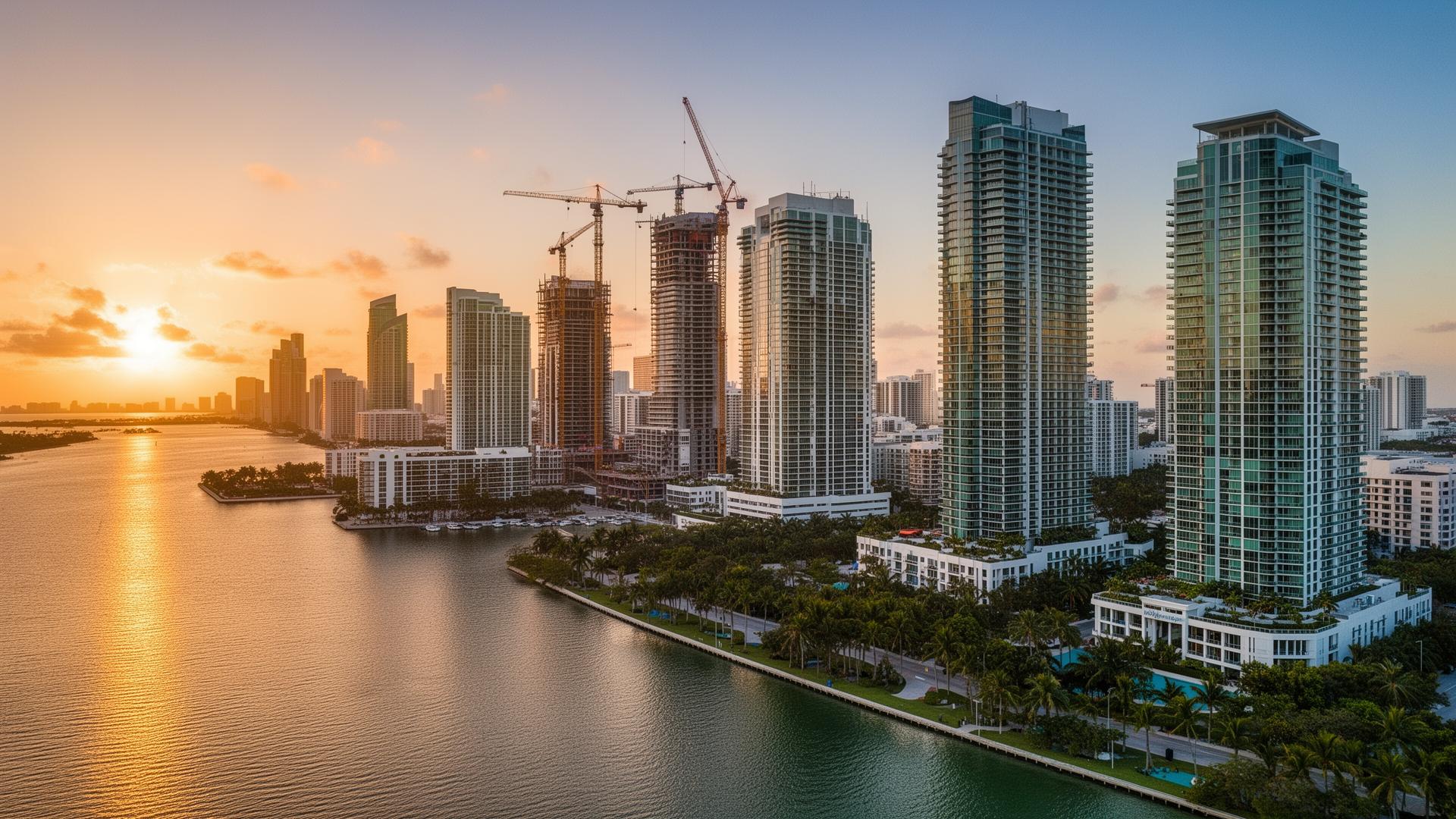 Vista aérea del horizonte de Miami-Dade al atardecer con grúas de construcción y torres residenciales frente a Biscayne Bay