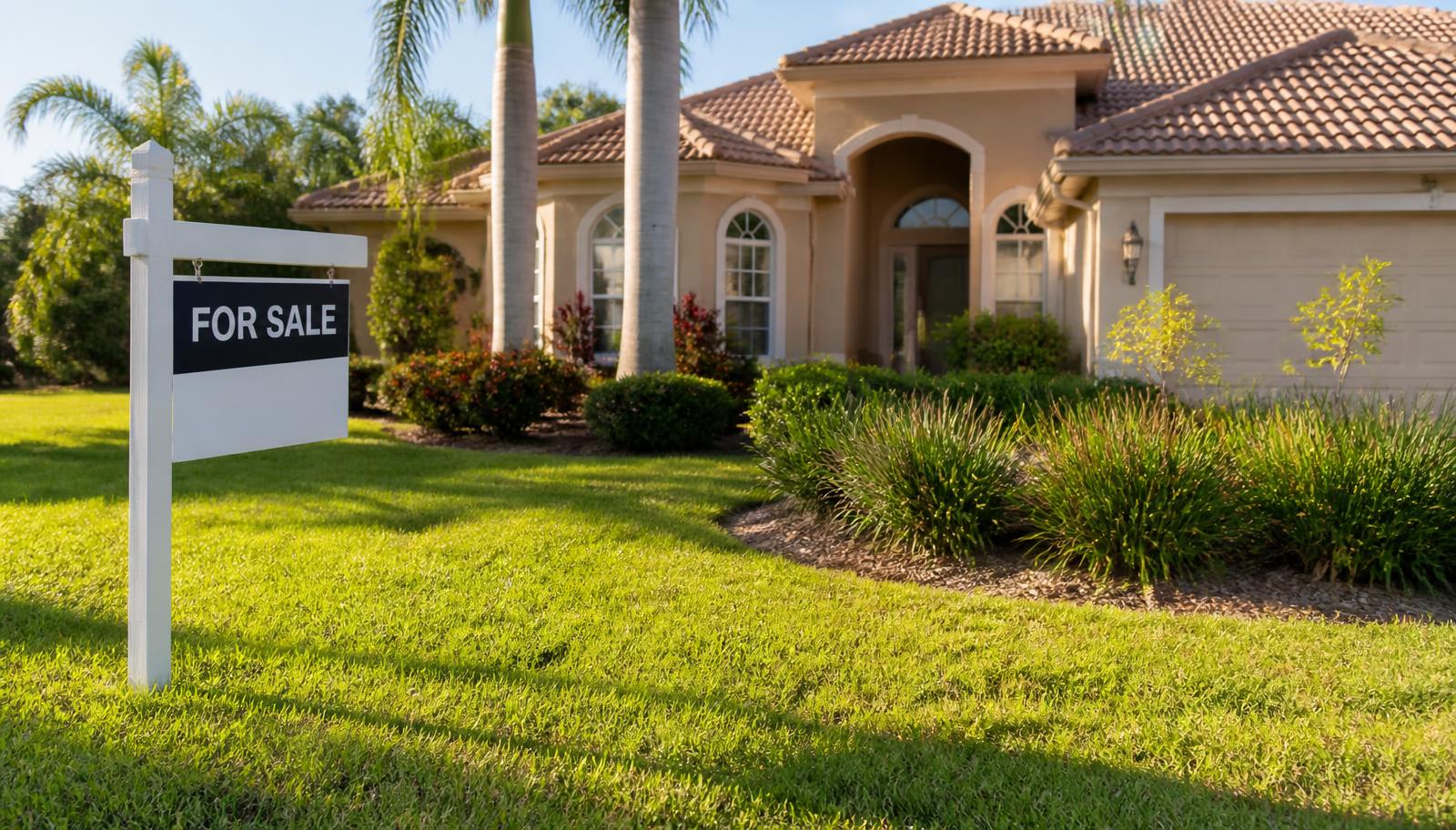 Editorial photo of a Florida single-family home with a for sale sign in the front lawn, illustrating the equity and financing decision between a bridge loan and a HELOC.