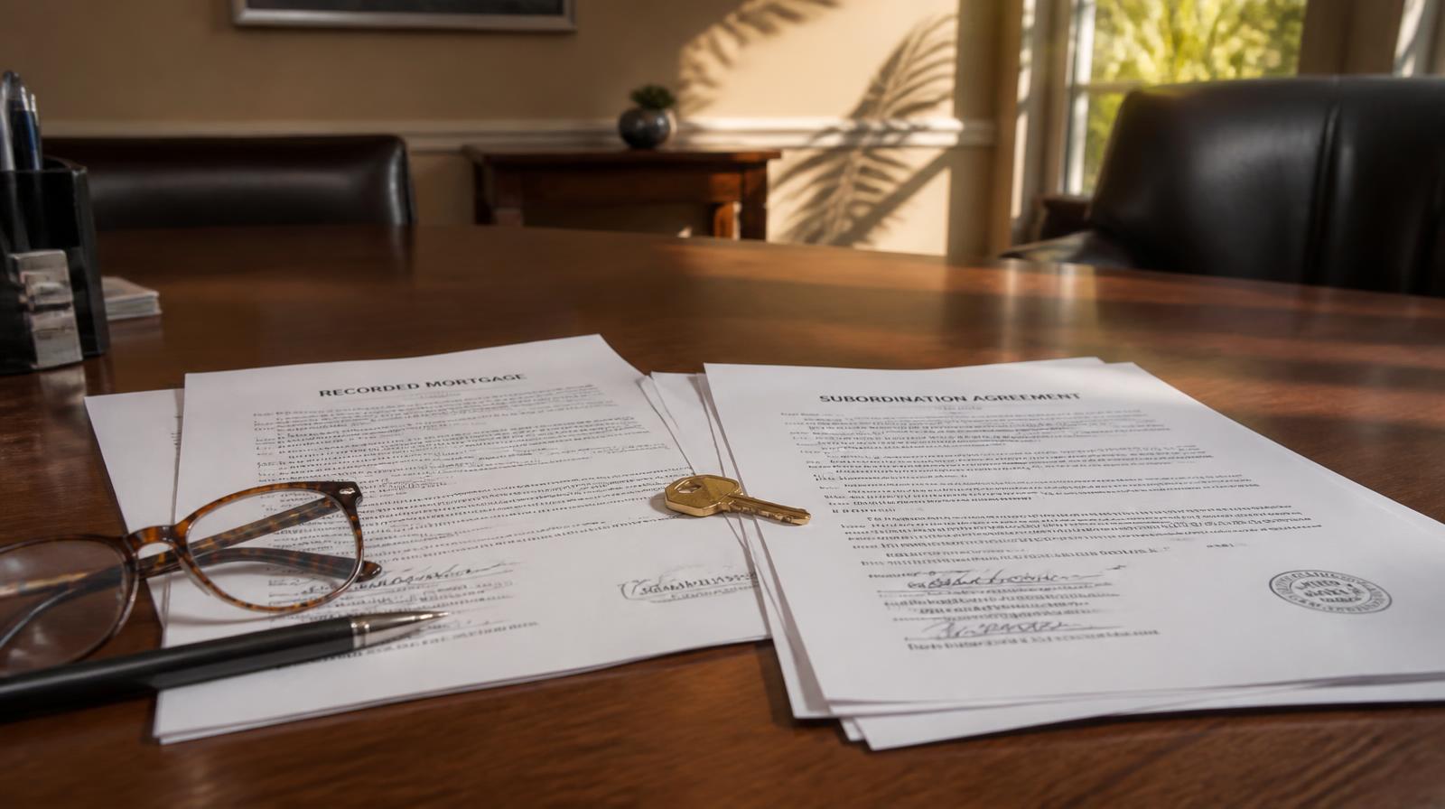 Recorded mortgage and subordination agreement documents on a Florida title office closing table in warm afternoon light, illustrating lien position and priority.