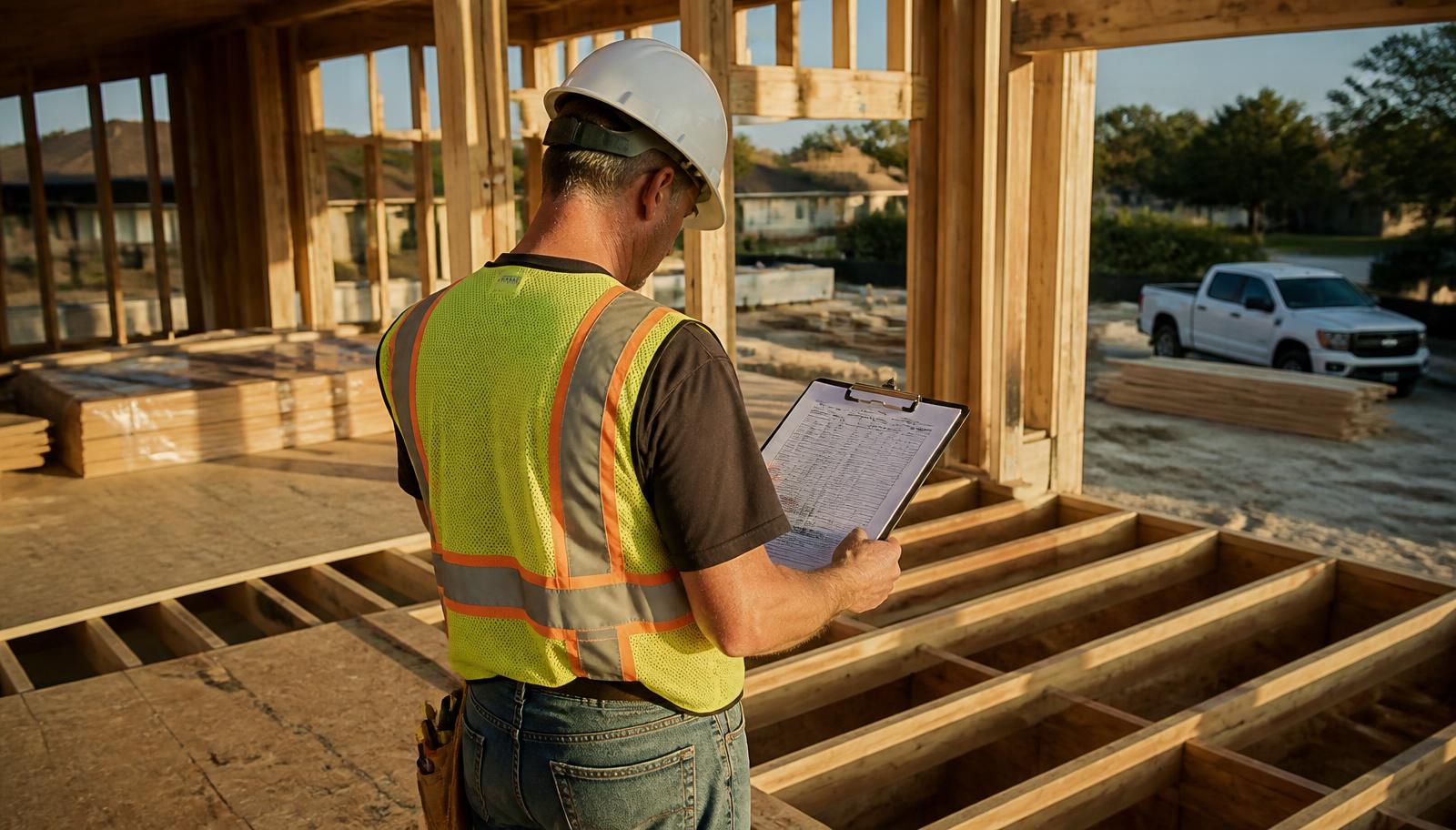Builder in a hard hat reviewing a printed construction loan draw schedule on the plywood subfloor of a partially framed Florida home in late afternoon light.