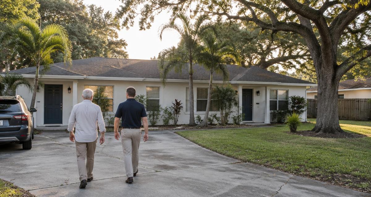 Illustrative Florida rental duplex with a property owner and advisor walking along the driveway; not a Luminary borrower or financed property