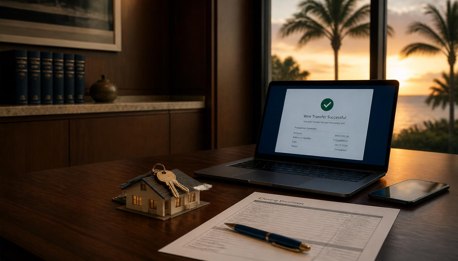 Editorial photo of a Florida title company closing table at golden hour — laptop showing a wire transfer confirmation, house keys on a small model home, closing statement and pen, with palm trees silhouetted through the window.