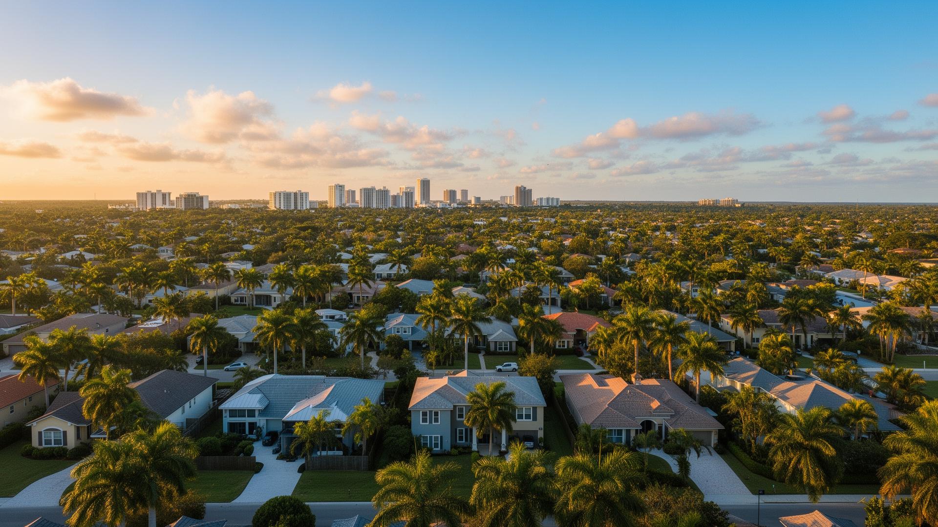 Aerial view of a growing Florida residential neighborhood at golden hour with palm trees and skyline representing 2026 housing market investor opportunities