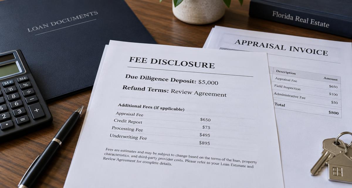 Illustrative loan fee disclosure showing a $5,000 due diligence deposit beside an appraisal invoice, calculator and house keys; not Luminary fees