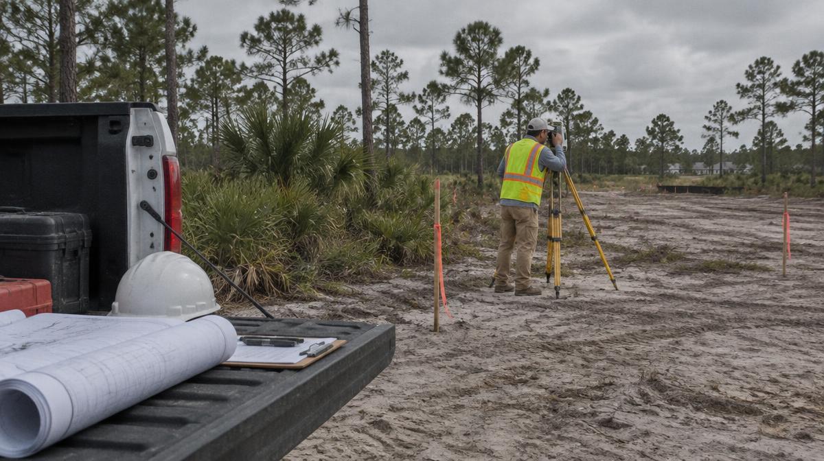 Land surveyor setting up a total station on a cleared Florida lot beside rolled civil plans on a truck tailgate; illustrative, not a Luminary financed property