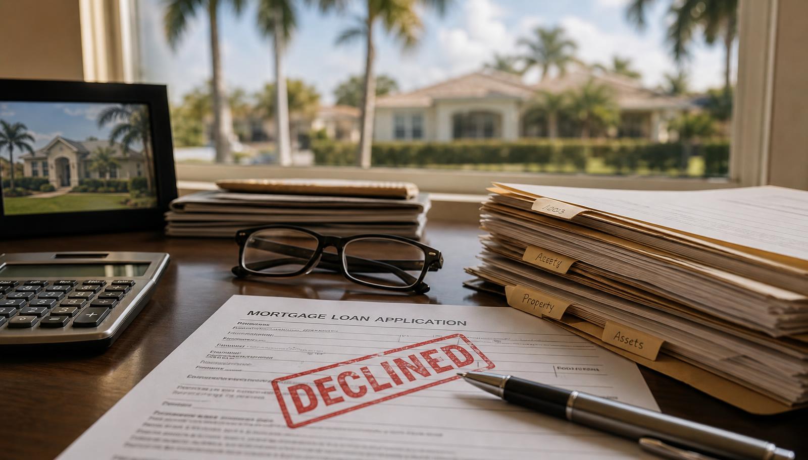 Photograph of a mortgage loan application stamped declined on a Florida lending office desk beside a calculator, property files, and a window view of a suburban home.