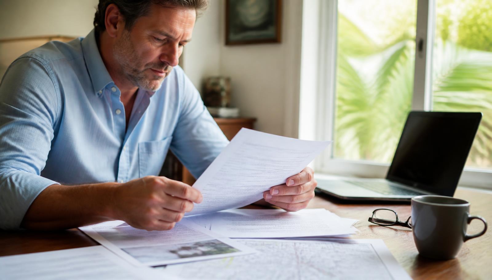 Préstamo inmobiliario para LLC nueva en Florida: inversionista revisando documentos de constitución de LLC junto a un levantamiento, un contrato de compra y un avalúo.