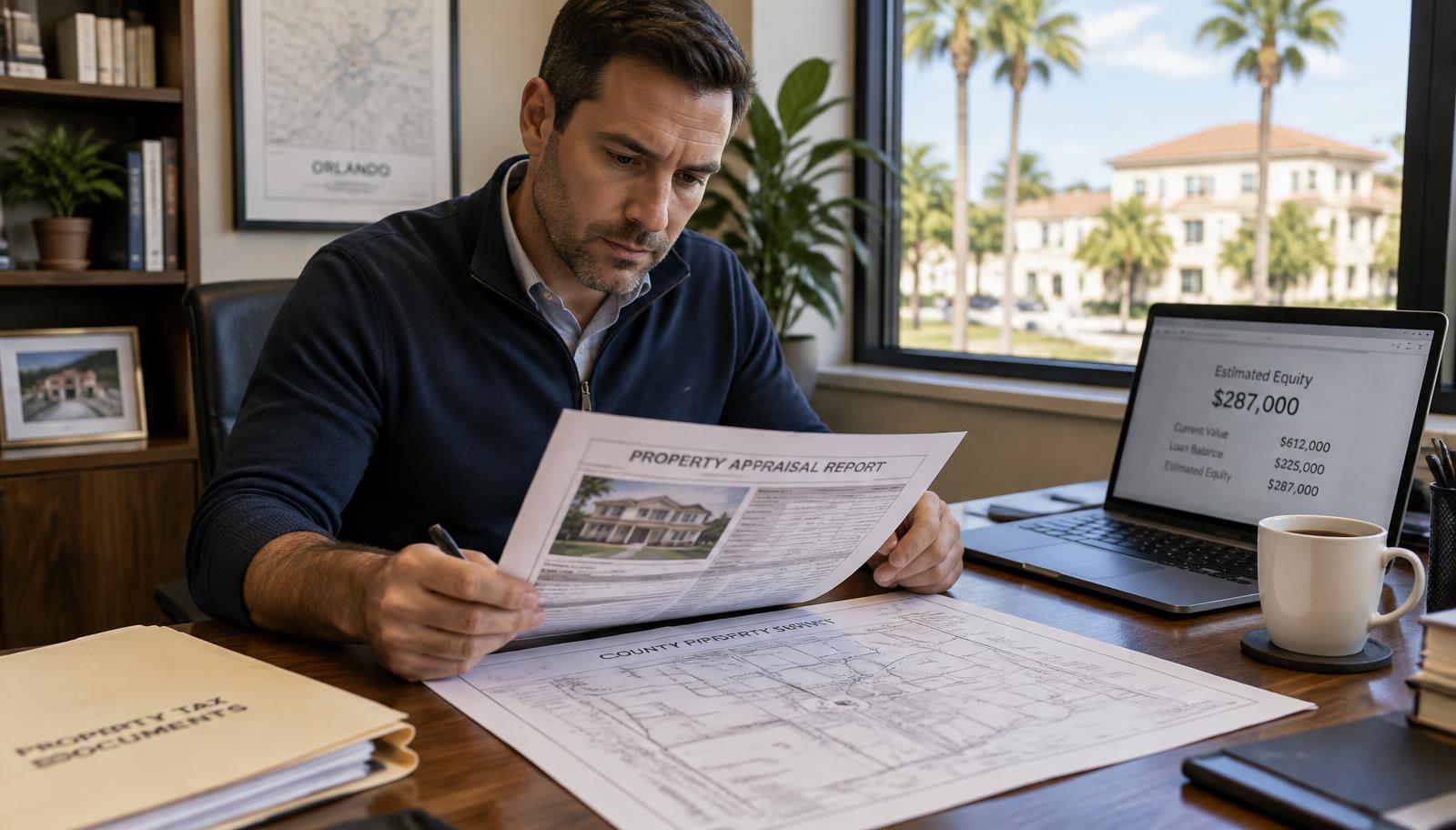 Préstamo inmobiliario privado basado en activos en Florida sin declaraciones de impuestos: inversionista en Orlando revisando avalúo, levantamiento del condado y cifras de capital.